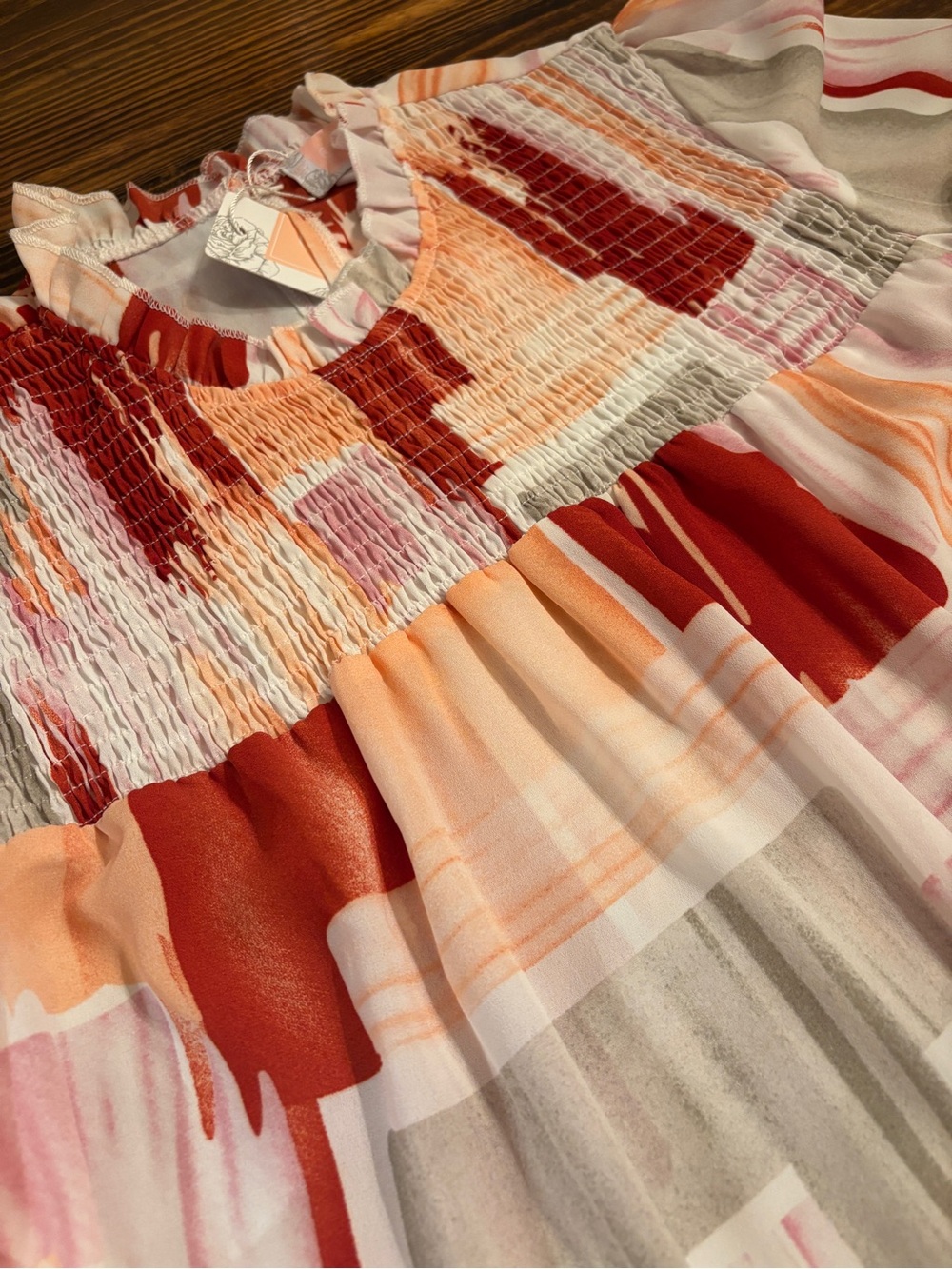 C+D+M Women’s Large Abstract Print Smocked Blouse Bell Sleeve Top NWT - Picture 3 of 14